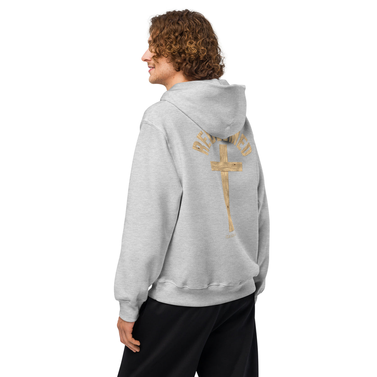 Redeemed oversized hoodie in Athletic Heather, back print detail