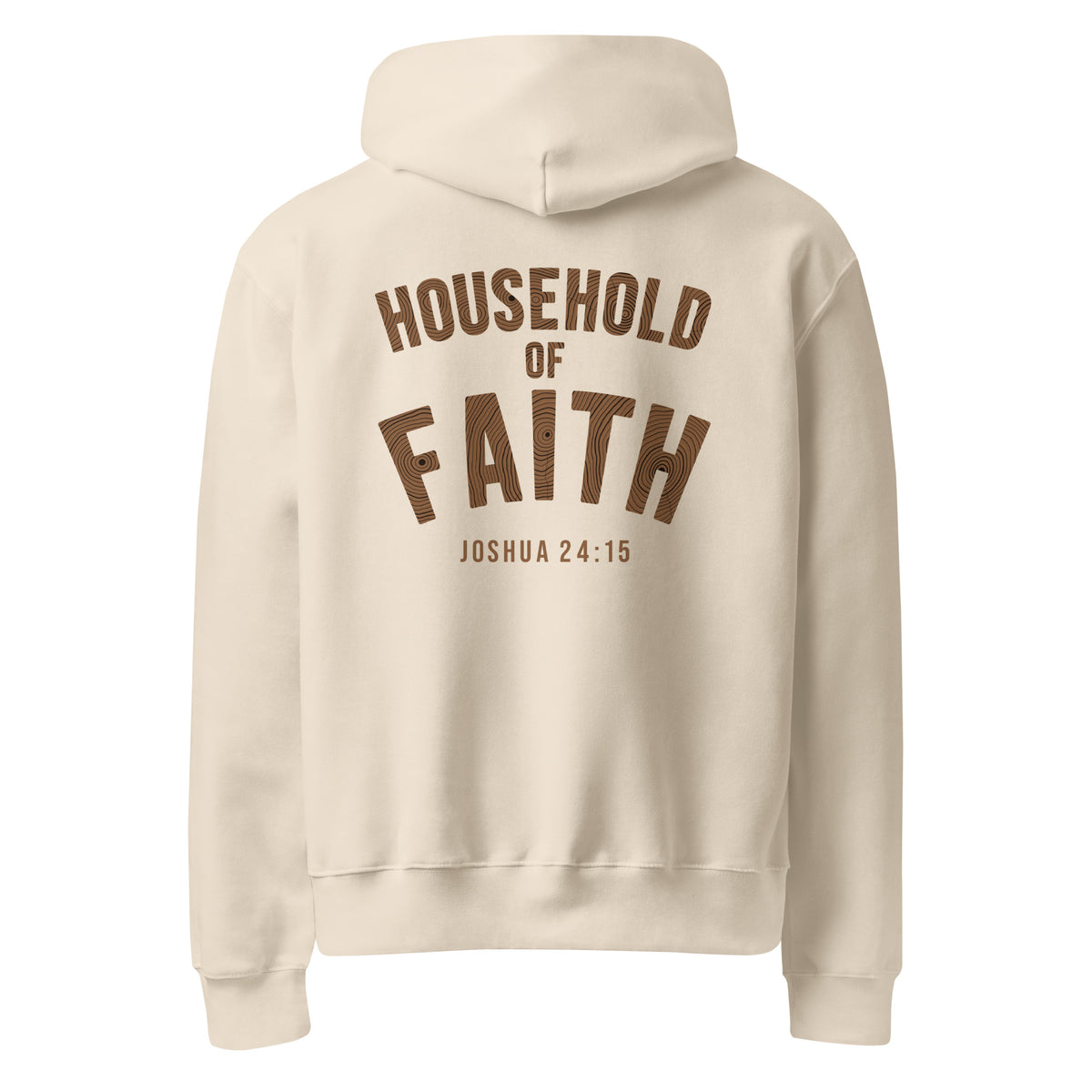 Household of Faith oversized hoodie in Dust, back view with Joshua 24:15 print