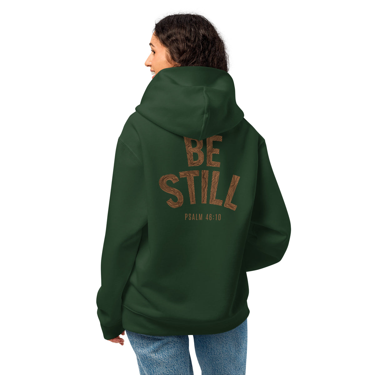 Be Still oversized hoodie in Forest Green, back view with Psalm 46:10 print
