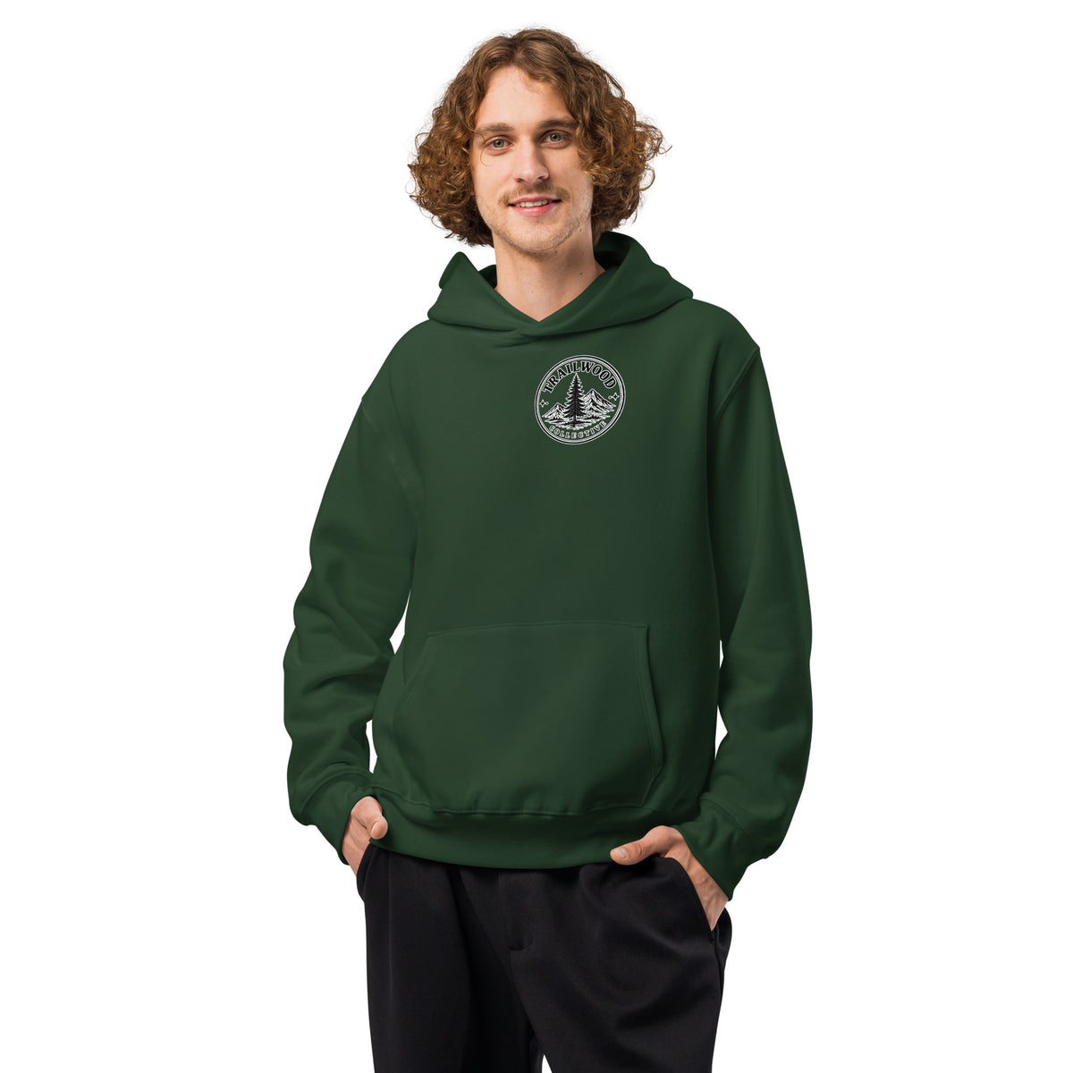 Be Still oversized hoodie in Forest Green, front view with front pocket