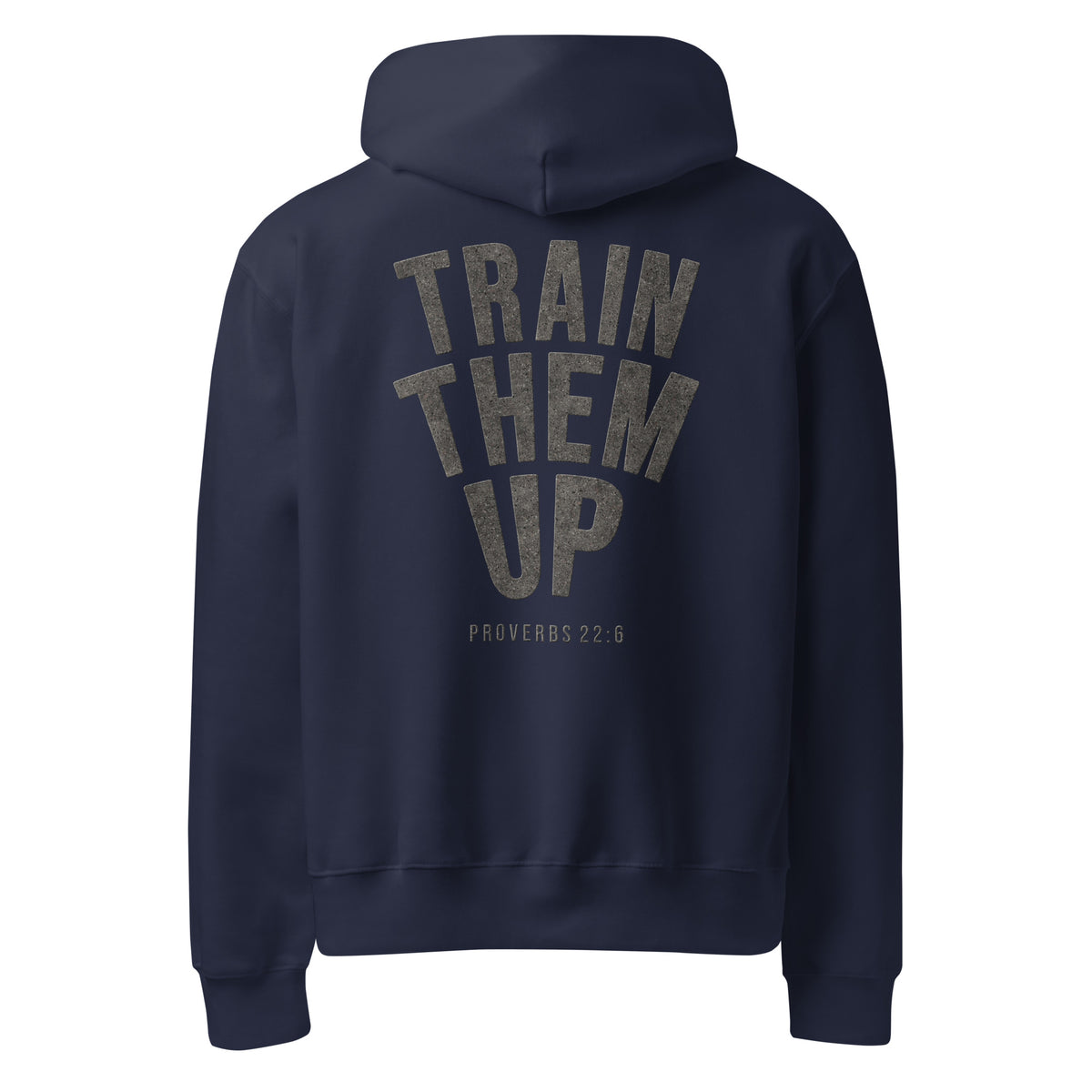 Train Them Up oversized hoodie in Navy, back view with granite-look lettering
