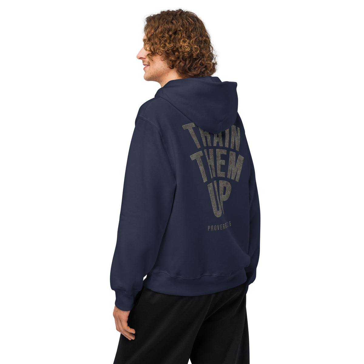 Train Them Up oversized hoodie in Navy, back print detail