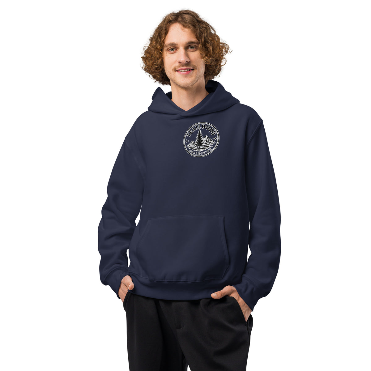 Train Them Up oversized hoodie in Navy, front view with front pocket
